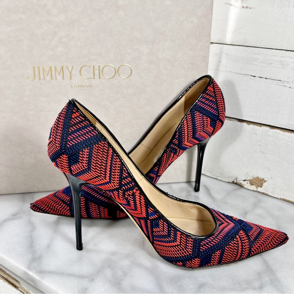 Jimmy Choo Red & Navy Geometric Pattern Woven Pointed Toe Heels - Picture 2 of 7